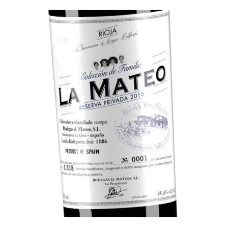 Vino LA MATEO Colección de Familia Reserva Privada 2019. DO Rioja